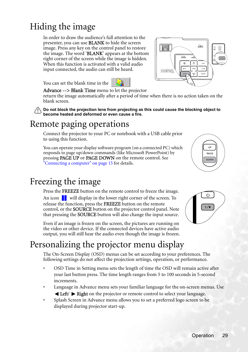 Hiding the image, Remote paging operations, Freezing the image | Personalizing the projector menu display, Hiding the image" on, Remote paging operations" on | BenQ CP220 User Manual | Page 35 / 55