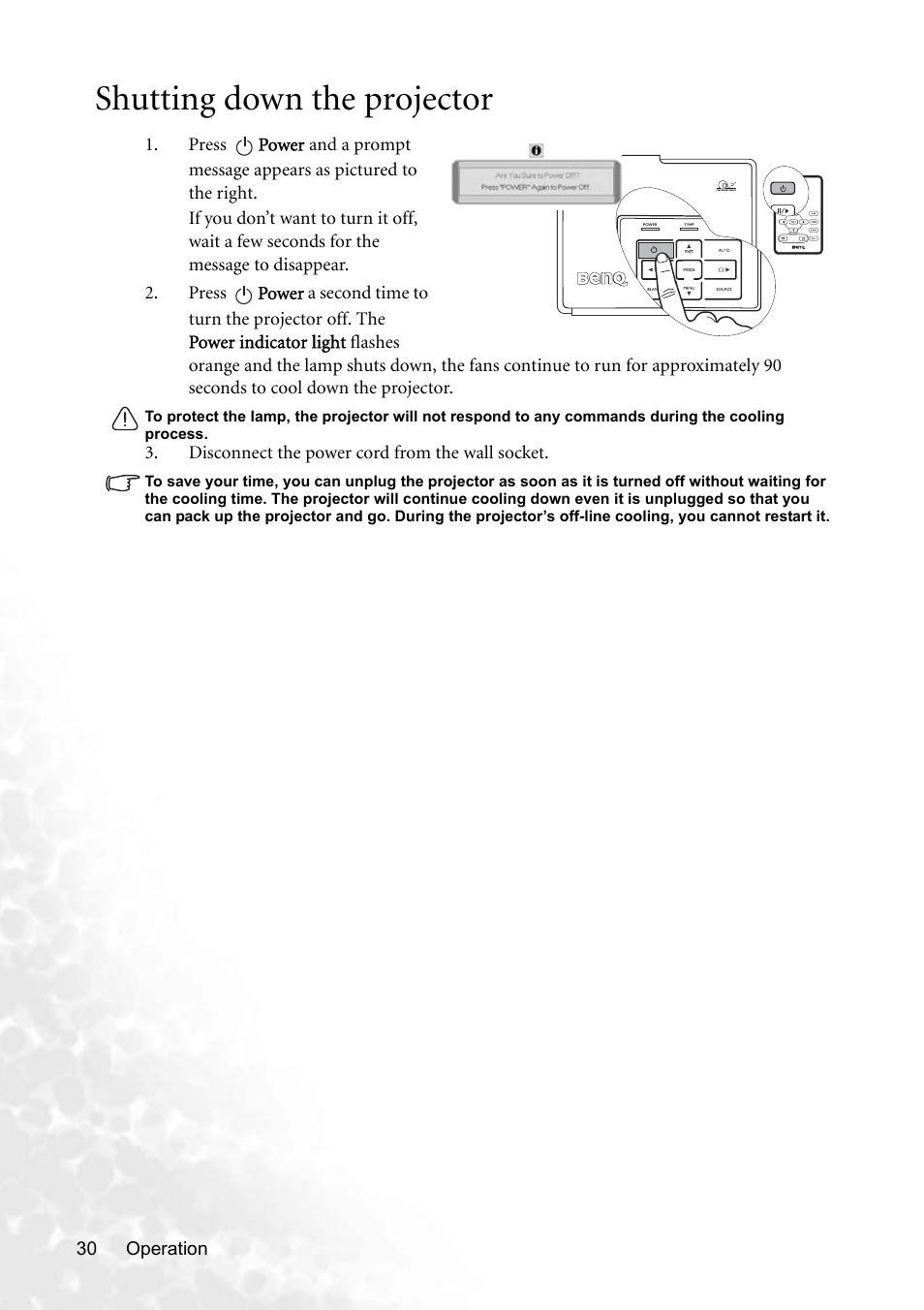 Shutting down the projector, Shutting, Shut | BenQ CP220 User Manual | Page 36 / 55