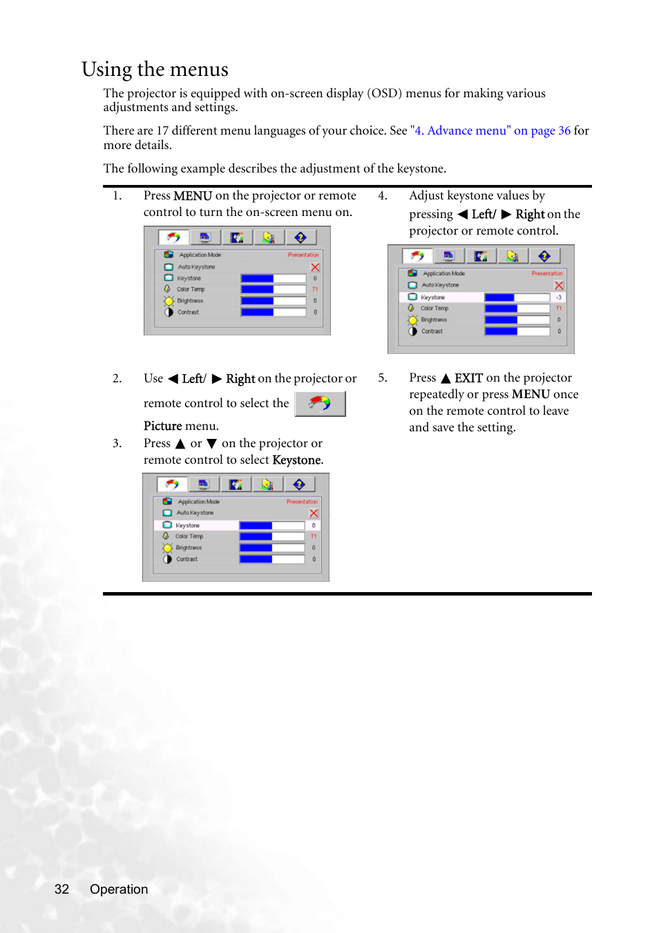 Using the menus, Menu (see | BenQ CP220 User Manual | Page 38 / 55