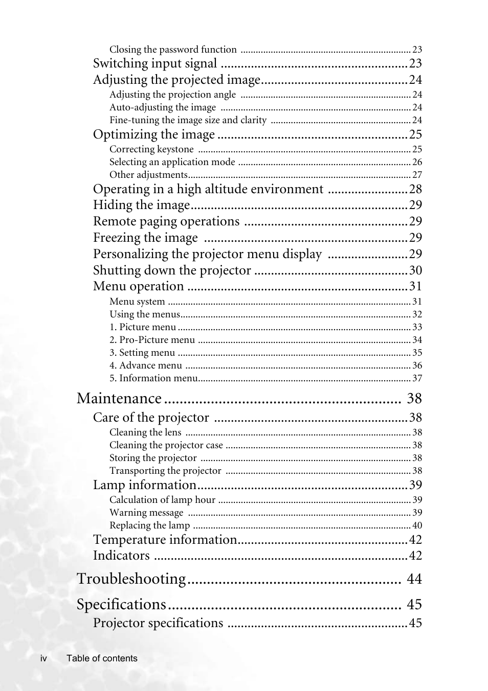 Maintenance, Troubleshooting specifications | BenQ CP220 User Manual | Page 4 / 55