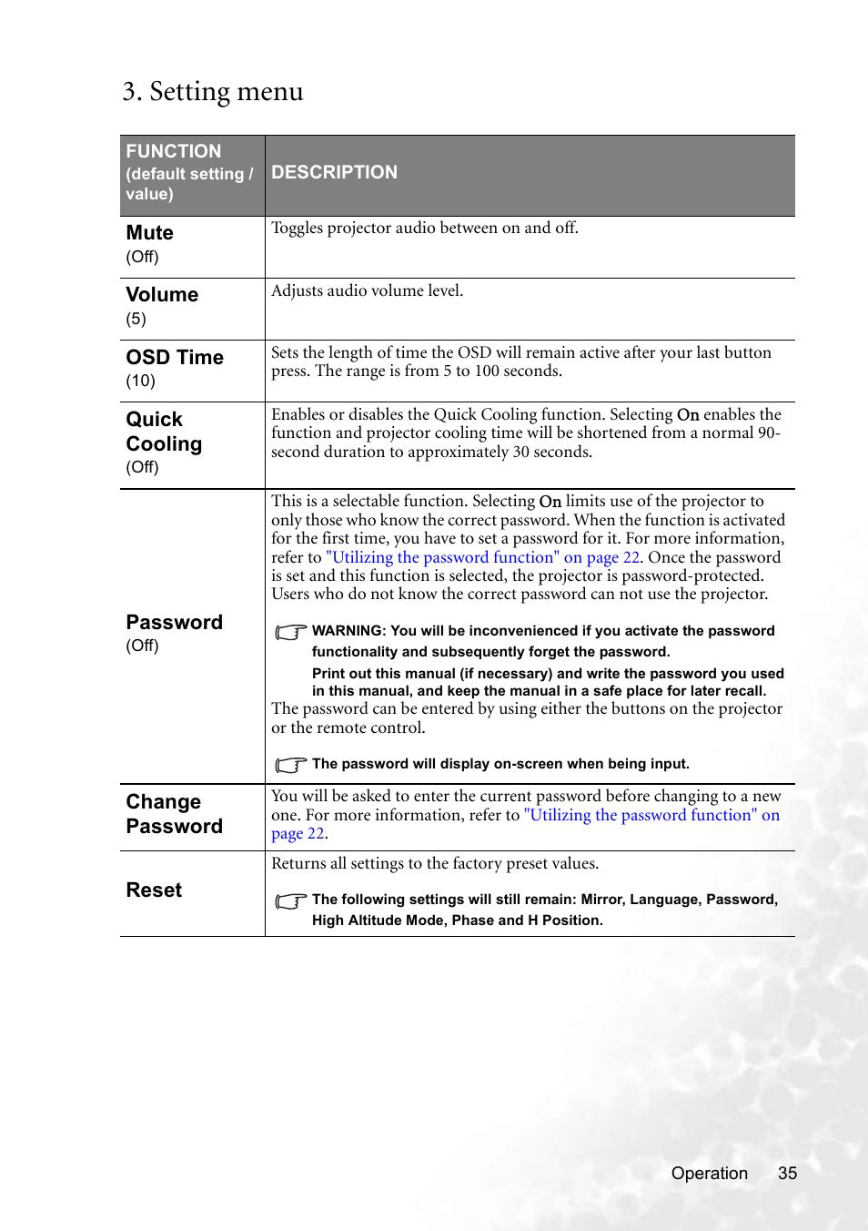 Setting menu, Mute (off), Mute | For detail | BenQ CP220 User Manual | Page 41 / 55