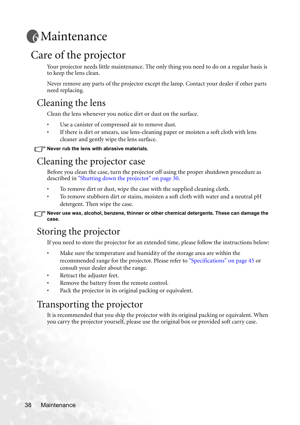 Maintenance, Care of the projector, Cleaning the lens | Cleaning the projector case, Storing the projector, Transporting the projector | BenQ CP220 User Manual | Page 44 / 55