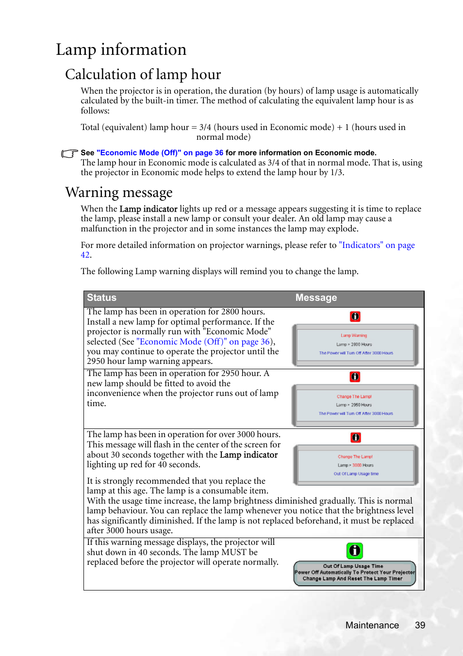 Lamp information, Calculation of lamp hour, Warning message | Calculation of lamp hour warning message | BenQ CP220 User Manual | Page 45 / 55