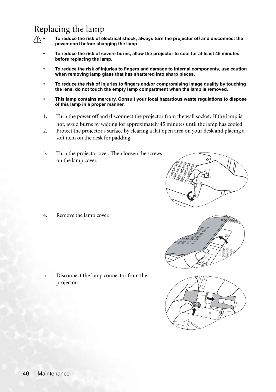 Replacing the lamp | BenQ CP220 User Manual | Page 46 / 55