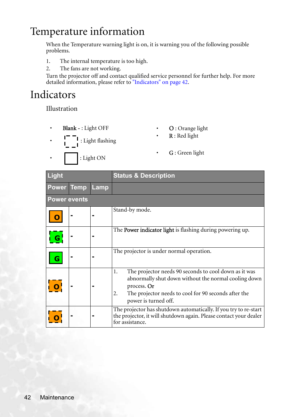 Temperature information, Indicators, Temperature information indicators | Indicators" on, For d | BenQ CP220 User Manual | Page 48 / 55