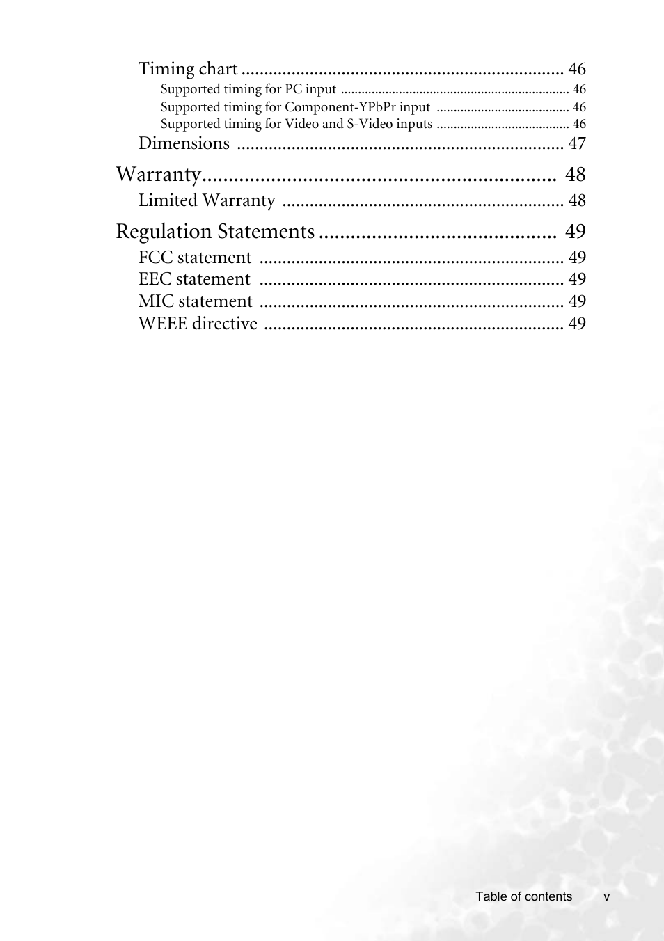 Warranty, Regulation statements | BenQ CP220 User Manual | Page 5 / 55