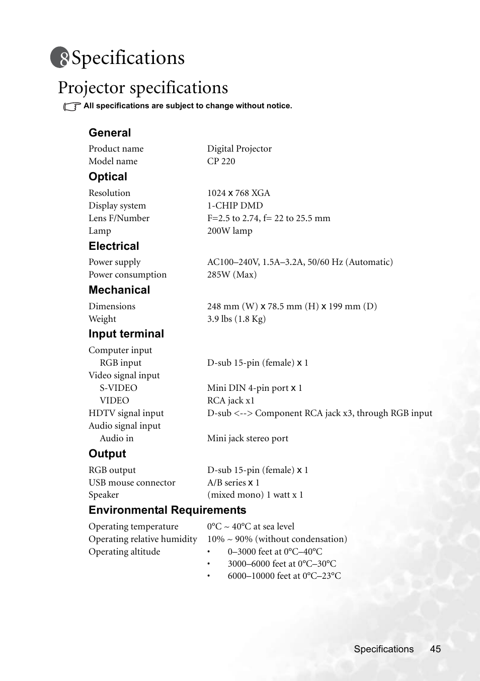 Specifications, Projector specifications | BenQ CP220 User Manual | Page 51 / 55