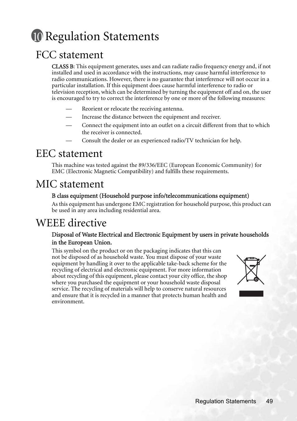 Regulation statements, Fcc statement, Eec statement | Mic statement, Weee directive | BenQ CP220 User Manual | Page 55 / 55
