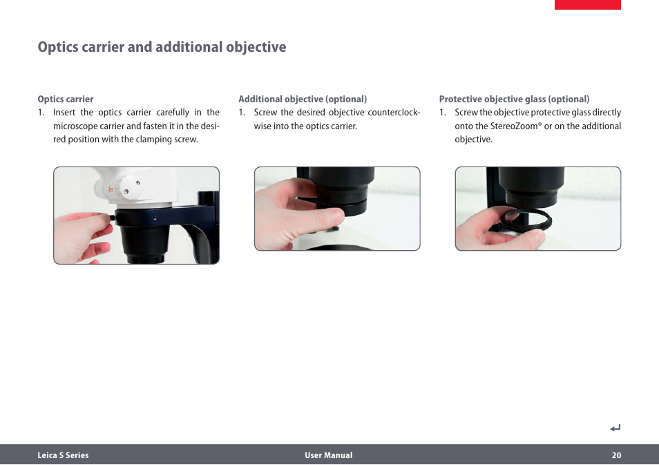 Optikträger und vorsatzobjektiv, Optics carrier and additional objective | Leica Biosystems S series User Manual | Page 20 / 59