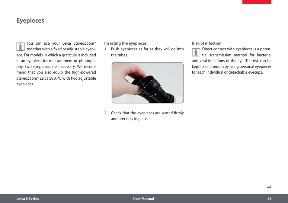 Okulare, Eyepieces 23, Eyepieces | Leica Biosystems S series User Manual | Page 23 / 59