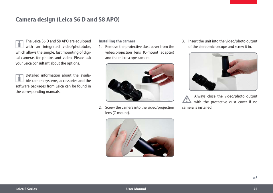 Kameraaufbau (leica s6 d und s8 apo), Mounting a camera (leica s6 d and s8 apo), Camera design (leica s6 d and s8 apo) | Leica Biosystems S series User Manual | Page 25 / 59