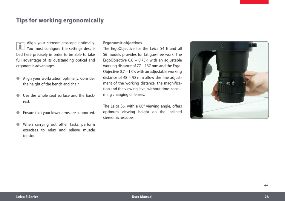 Tipps für ein ergonomisches arbeiten, Tips for working ergonomically | Leica Biosystems S series User Manual | Page 28 / 59