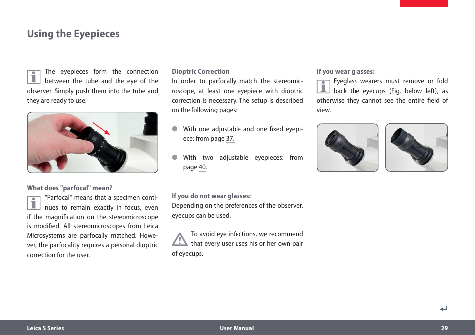 Verwendung der okulare, Using the eyepieces | Leica Biosystems S series User Manual | Page 29 / 59