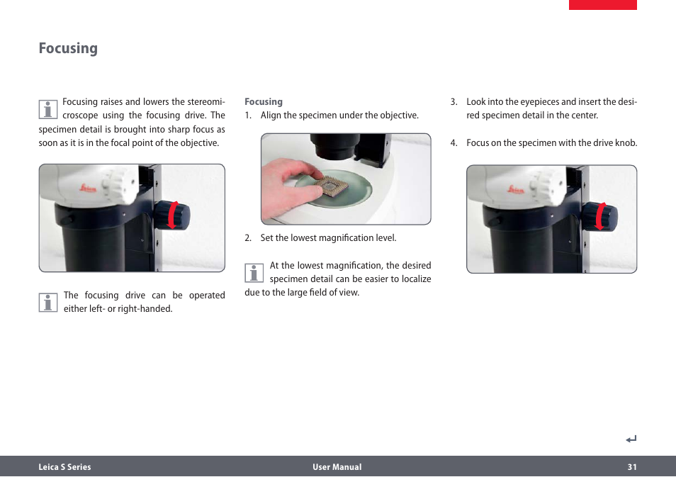 Fokussieren (scharf stellen), Focusing 31, Focusing | Leica Biosystems S series User Manual | Page 31 / 59