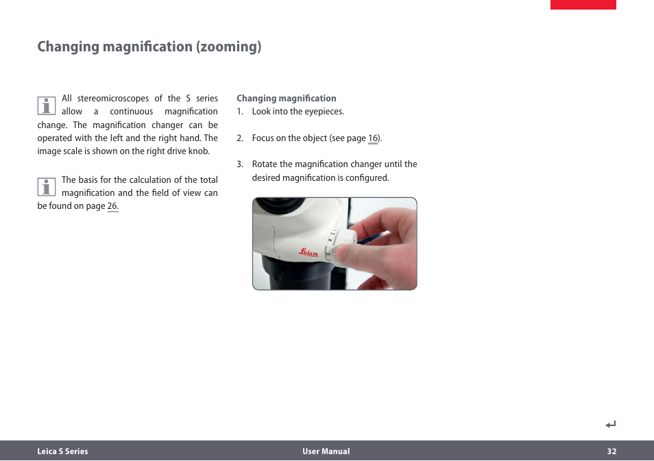 Vergrösserung wechseln (zoomen), Switching magnification (zooming), Changing magnification (zooming) | Leica Biosystems S series User Manual | Page 32 / 59