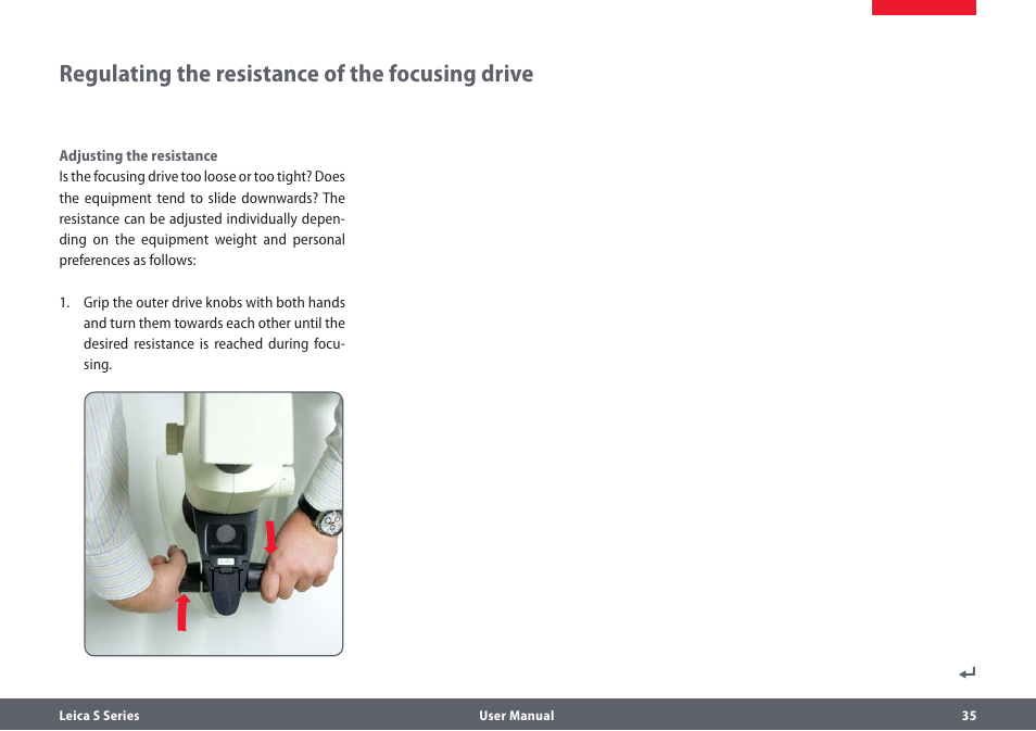 Widerstand des fokussiertriebs regulieren, Regulating the resistance of the focusing drive | Leica Biosystems S series User Manual | Page 35 / 59