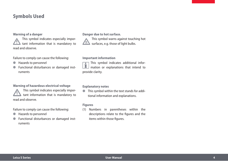 Verwendete symbole, Symbols used | Leica Biosystems S series User Manual | Page 4 / 59