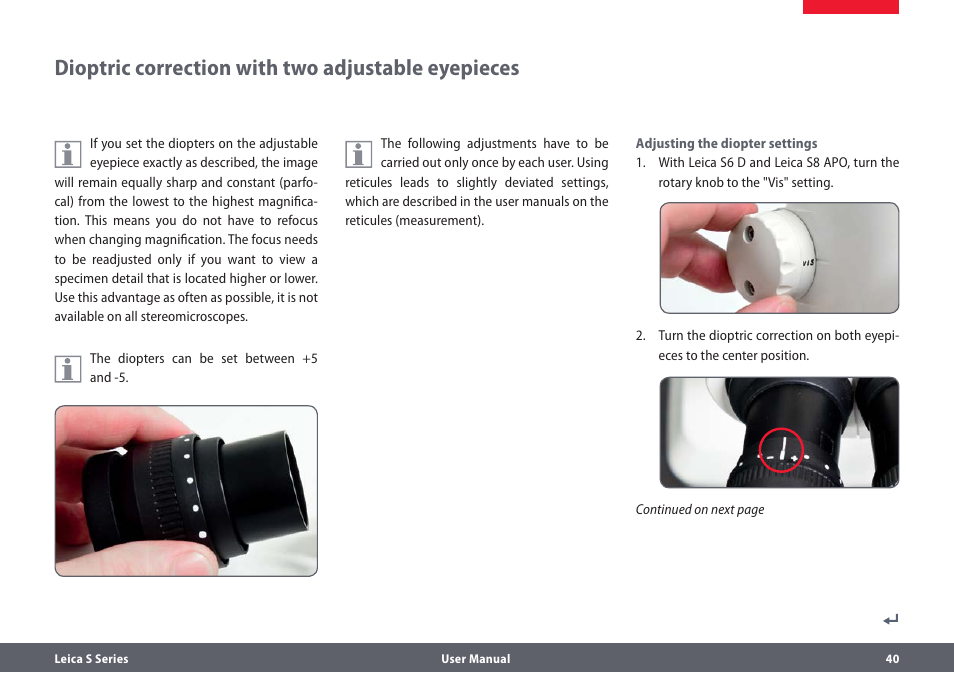 Dioptrienkorrektur mit zwei verstellbaren okularen, Dioptric correction with two adjustable eyepieces | Leica Biosystems S series User Manual | Page 40 / 59