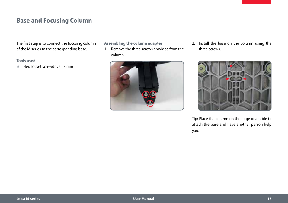 Base and focusing column | Leica Biosystems M80 User Manual | Page 17 / 65