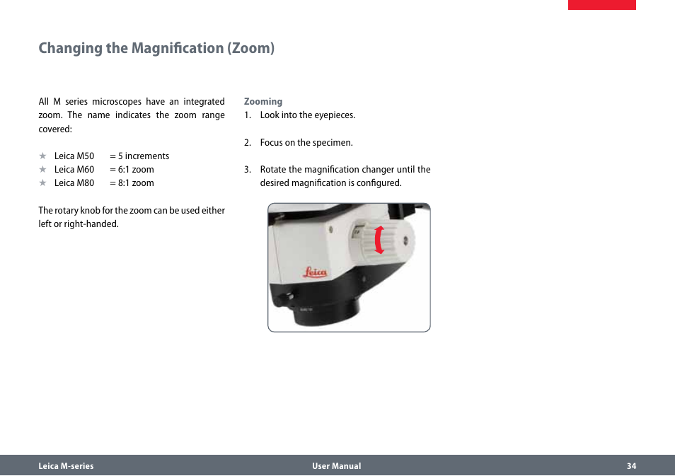 Changing the magnification (zoom) | Leica Biosystems M80 User Manual | Page 34 / 65