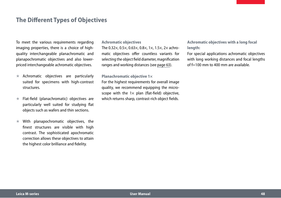 The different types of objectives | Leica Biosystems M80 User Manual | Page 48 / 65