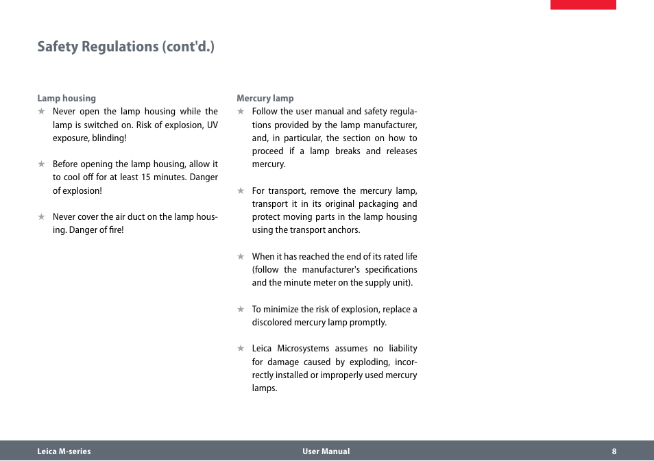 Safety regulations (cont'd.) | Leica Biosystems M80 User Manual | Page 8 / 65