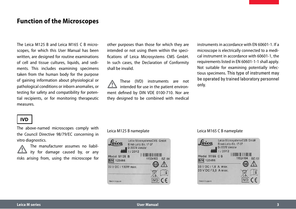 Function of the microscopes | Leica Biosystems M165 C B User Manual | Page 3 / 57