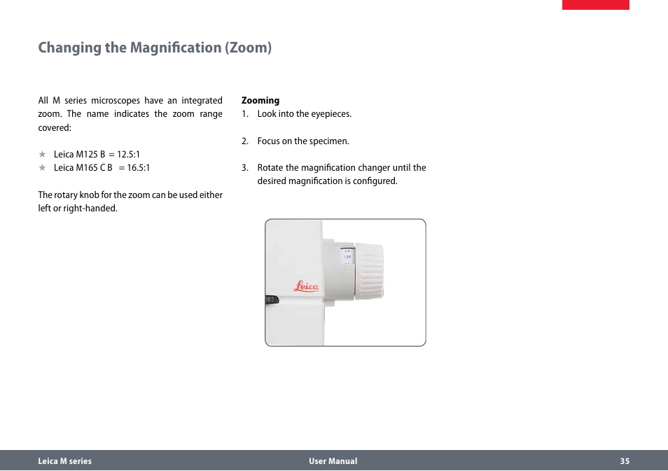 Changing the magnification (zoom) | Leica Biosystems M165 C B User Manual | Page 35 / 57