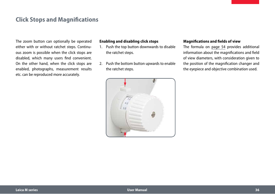 Click stops and magnifications | Leica Biosystems M165 C B User Manual | Page 36 / 57