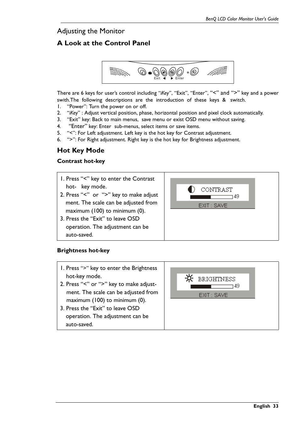 Adjusting the monitor, A look at the control panel, Hot key mode | BenQ FP567 User Manual | Page 34 / 43