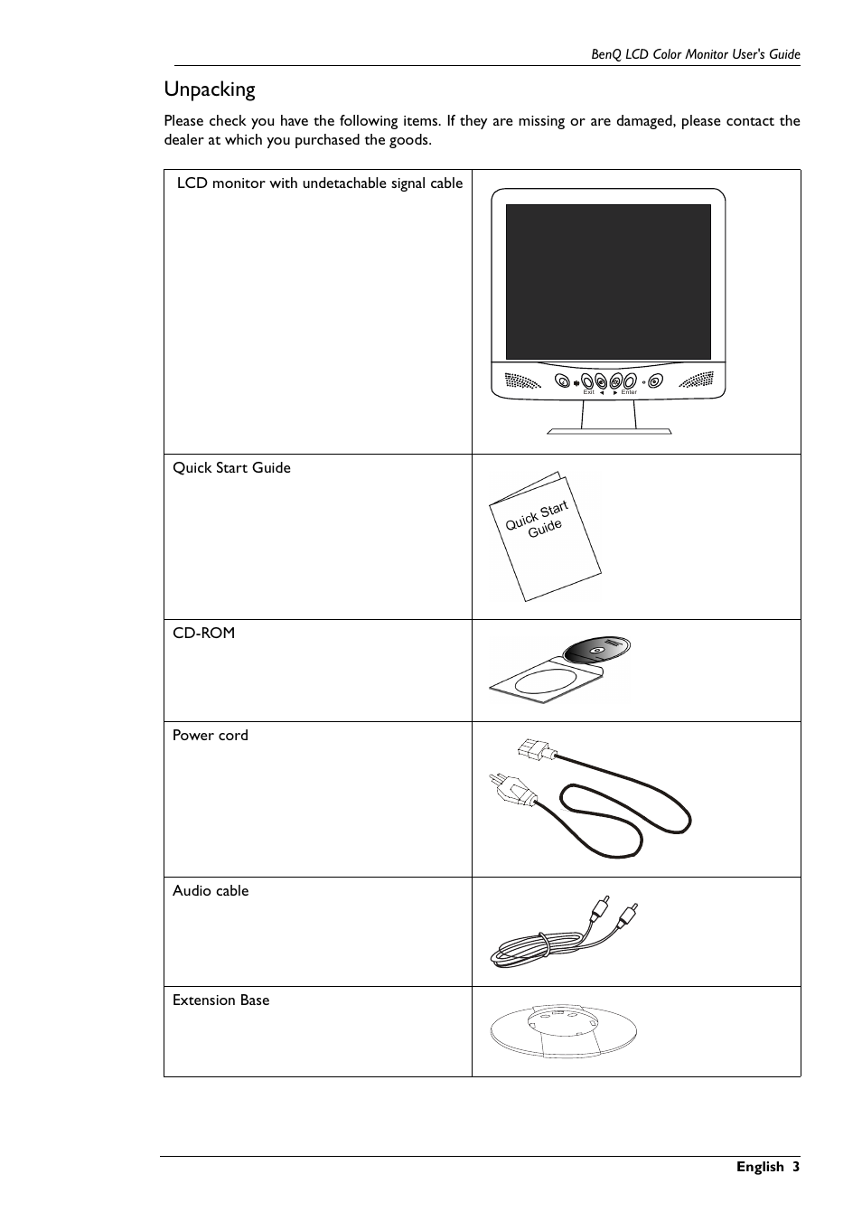 Unpacking | BenQ FP567 User Manual | Page 4 / 43