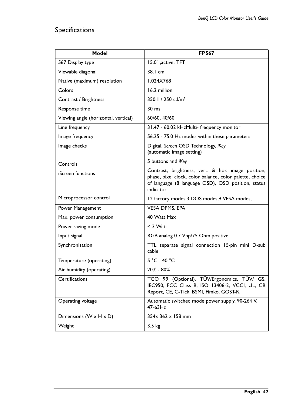 Specifications | BenQ FP567 User Manual | Page 43 / 43