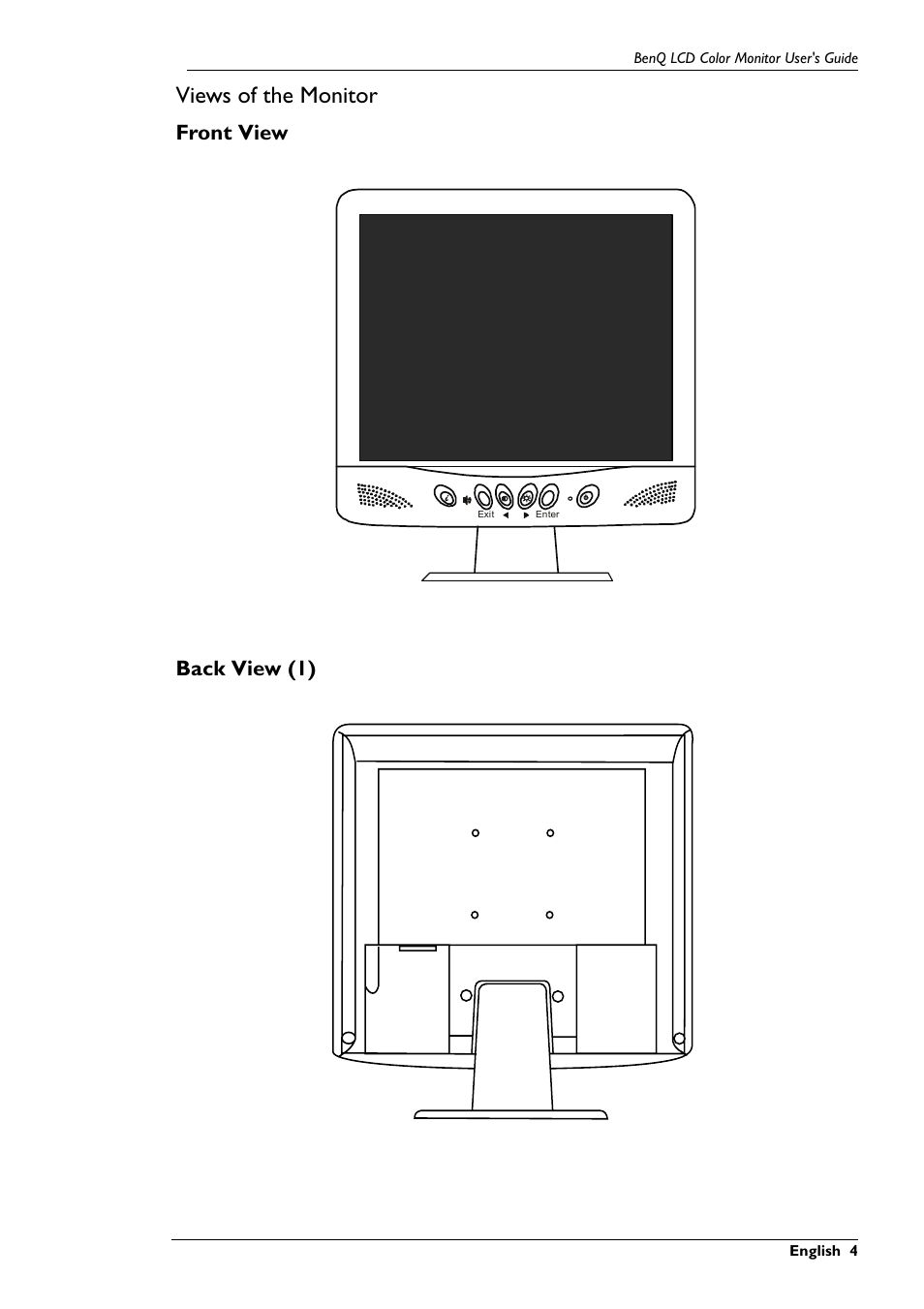 Views of the monitor, Front view back view (1) | BenQ FP567 User Manual | Page 5 / 43