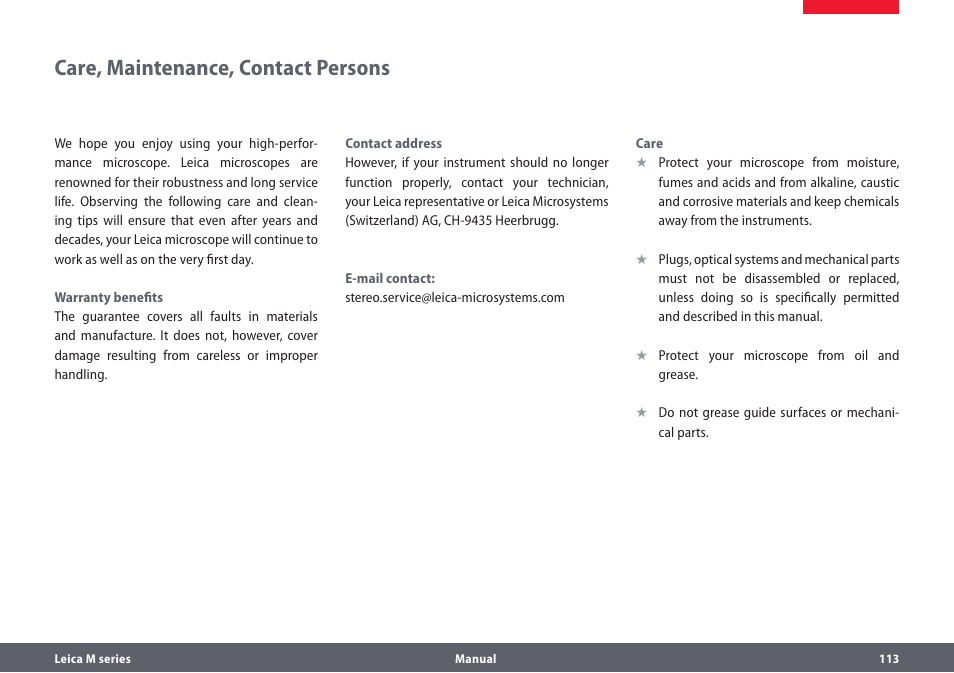 Care, maintenance, contact persons | Leica Biosystems M205A User Manual | Page 113 / 114