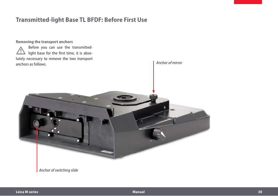 Transmitted-light base tl bfdf: before first use | Leica Biosystems M205A User Manual | Page 30 / 114
