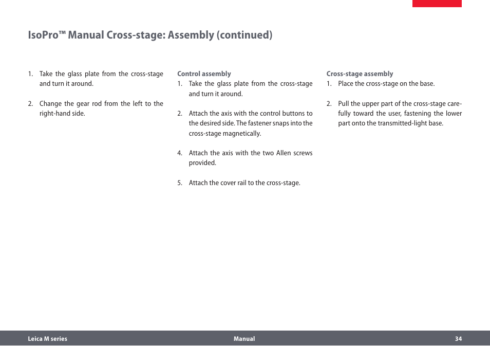 Isopro™ manual cross-stage: assembly (continued) | Leica Biosystems M205A User Manual | Page 34 / 114