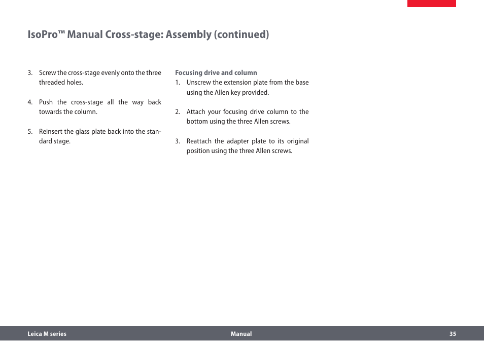 Isopro™ manual cross-stage: assembly (continued) | Leica Biosystems M205A User Manual | Page 35 / 114