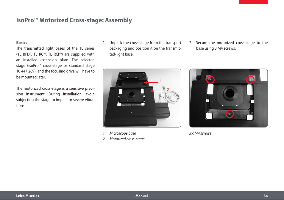 Isopro™ motorized cross-stage: assembly | Leica Biosystems M205A User Manual | Page 36 / 114