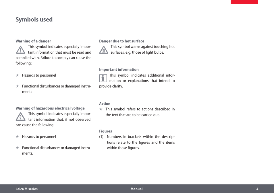 Symbols used | Leica Biosystems M205A User Manual | Page 4 / 114