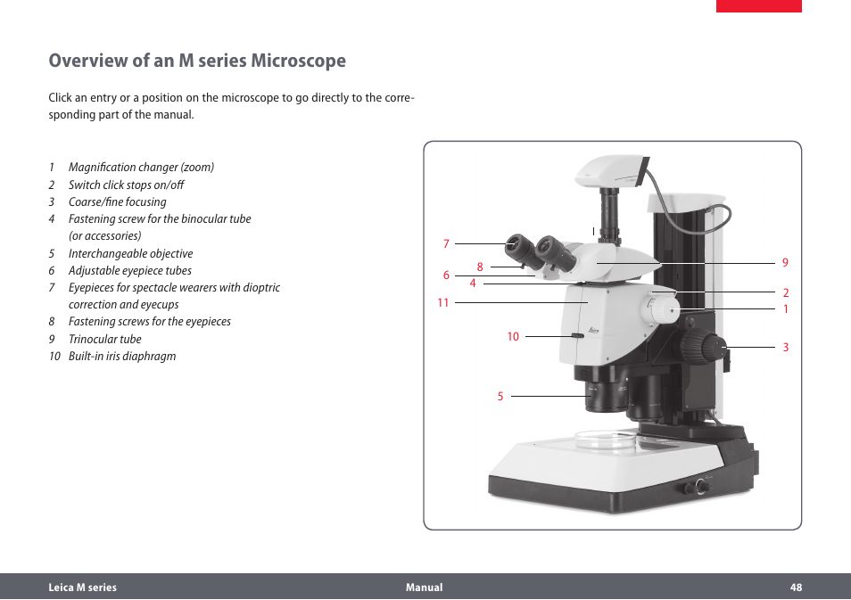 Overview of an m series microscope | Leica Biosystems M205A User Manual | Page 48 / 114