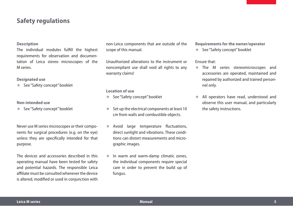 Safety regulations | Leica Biosystems M205A User Manual | Page 5 / 114