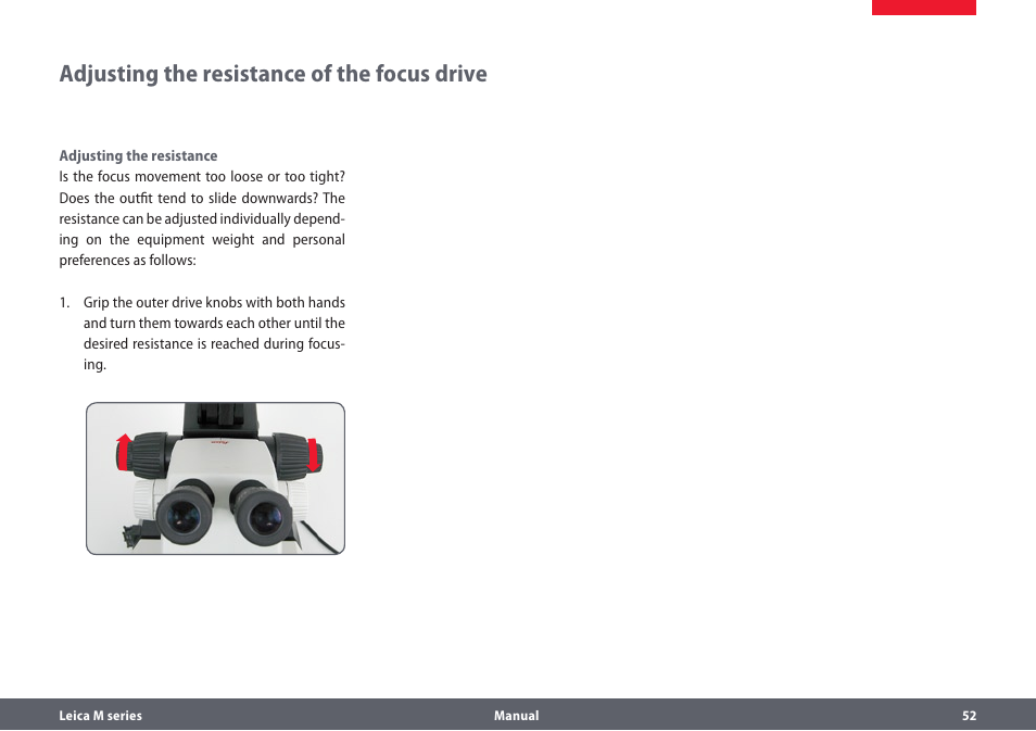 Adjusting the resistance of the focus drive | Leica Biosystems M205A User Manual | Page 52 / 114