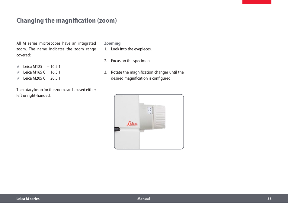 Changing the magnification (zoom) | Leica Biosystems M205A User Manual | Page 53 / 114
