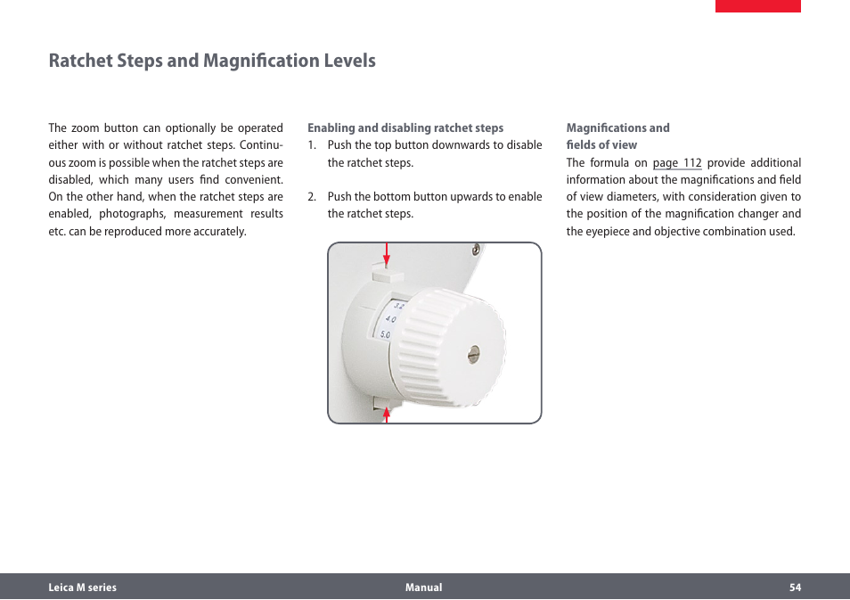 Ratchet steps and magnification levels | Leica Biosystems M205A User Manual | Page 54 / 114