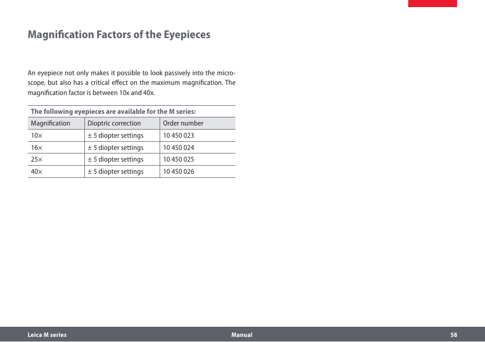 Magnification factors of the eyepieces | Leica Biosystems M205A User Manual | Page 58 / 114