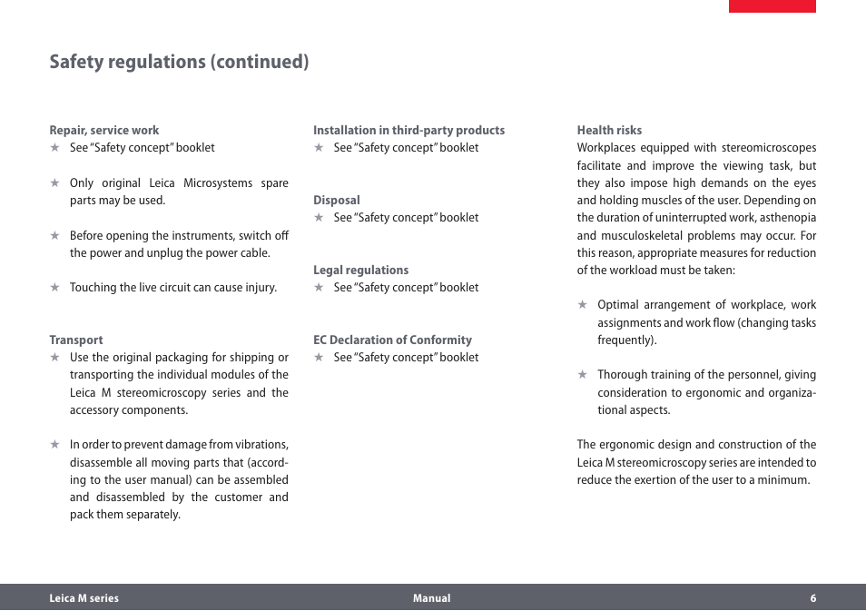 Safety regulations (continued) | Leica Biosystems M205A User Manual | Page 6 / 114