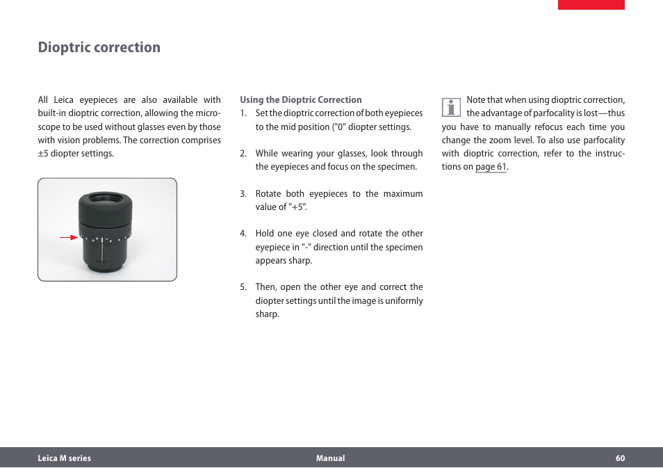 Dioptric correction | Leica Biosystems M205A User Manual | Page 60 / 114