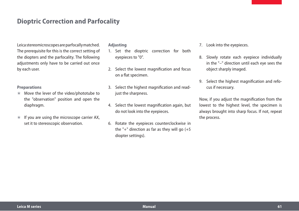 Dioptric correction and parfocality | Leica Biosystems M205A User Manual | Page 61 / 114