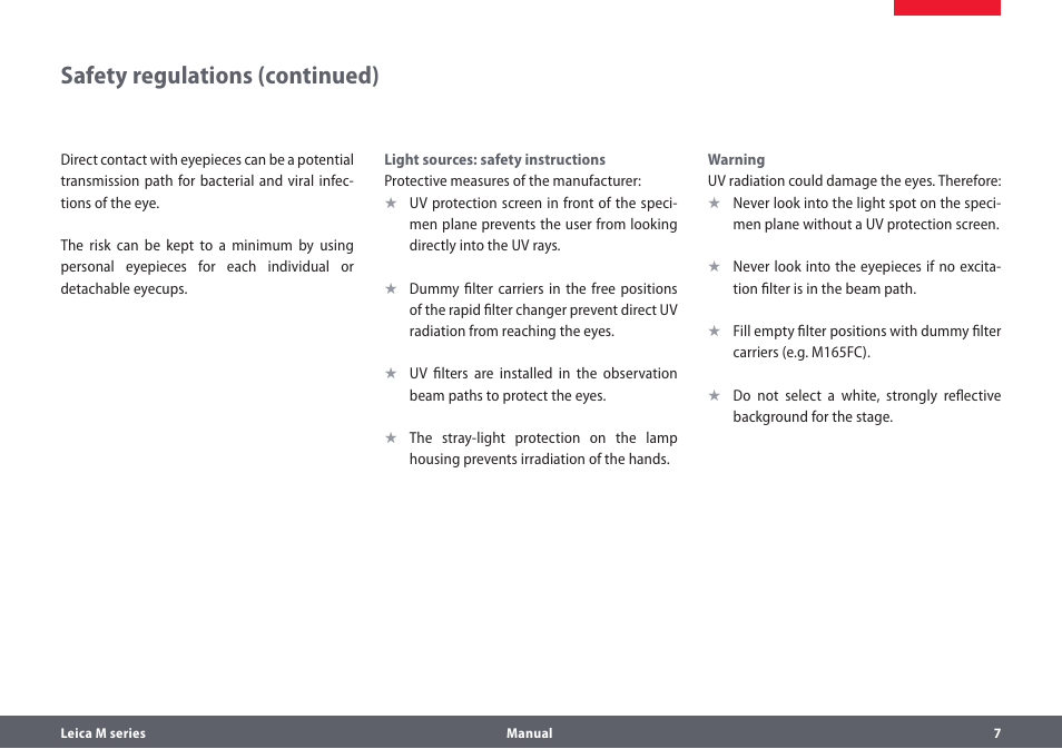 Safety regulations (continued) | Leica Biosystems M205A User Manual | Page 7 / 114