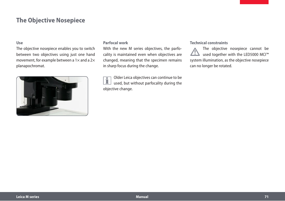 The objective nosepiece | Leica Biosystems M205A User Manual | Page 71 / 114